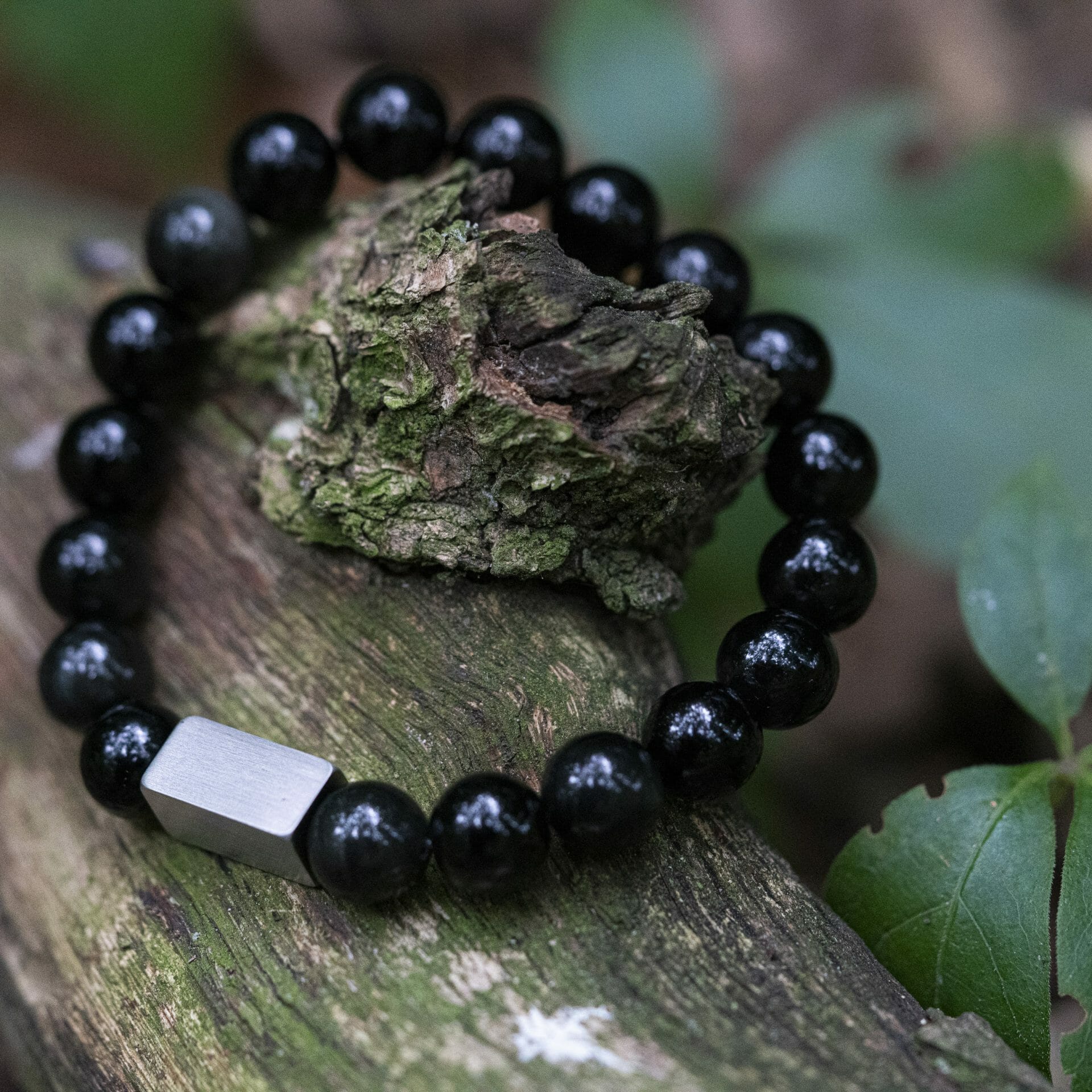 Zwarte Natuursteen Armband – Obsidiaan Kralen Groen & Grijs