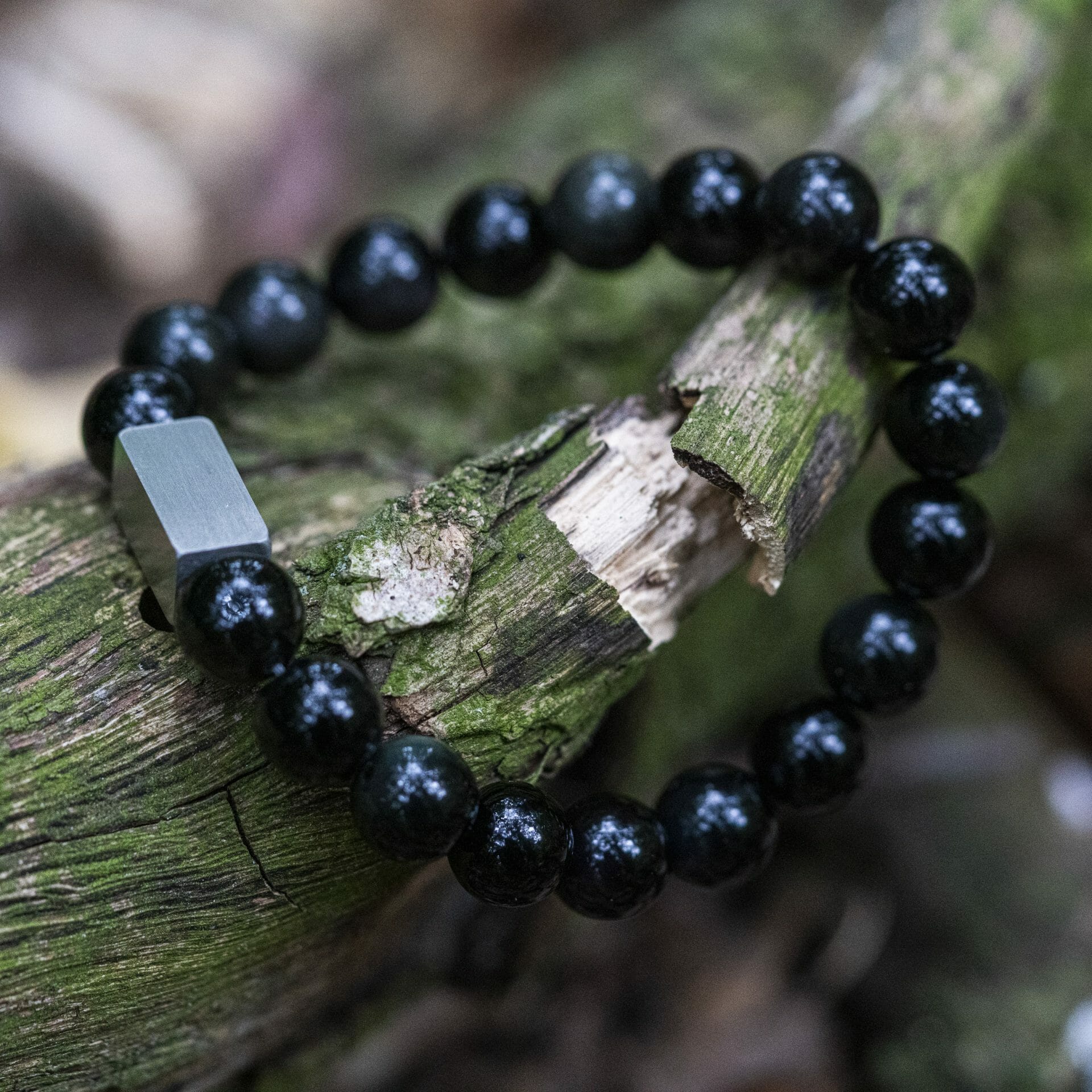 Zwarte Natuursteen Armband – Obsidiaan Kralen Groen & Grijs