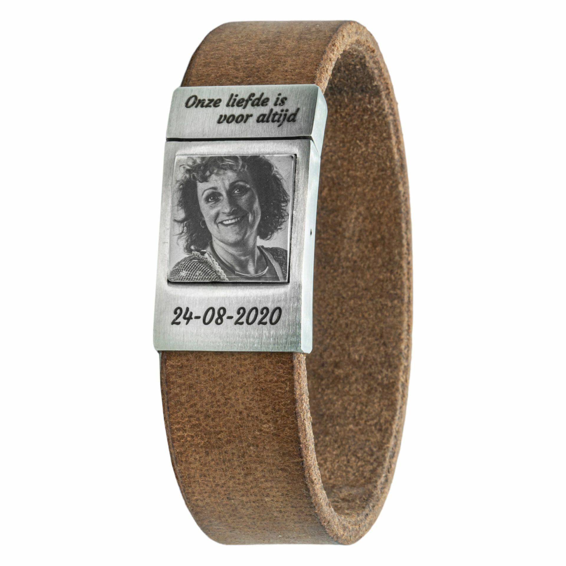 Foto armband met eigen foto Beige leer