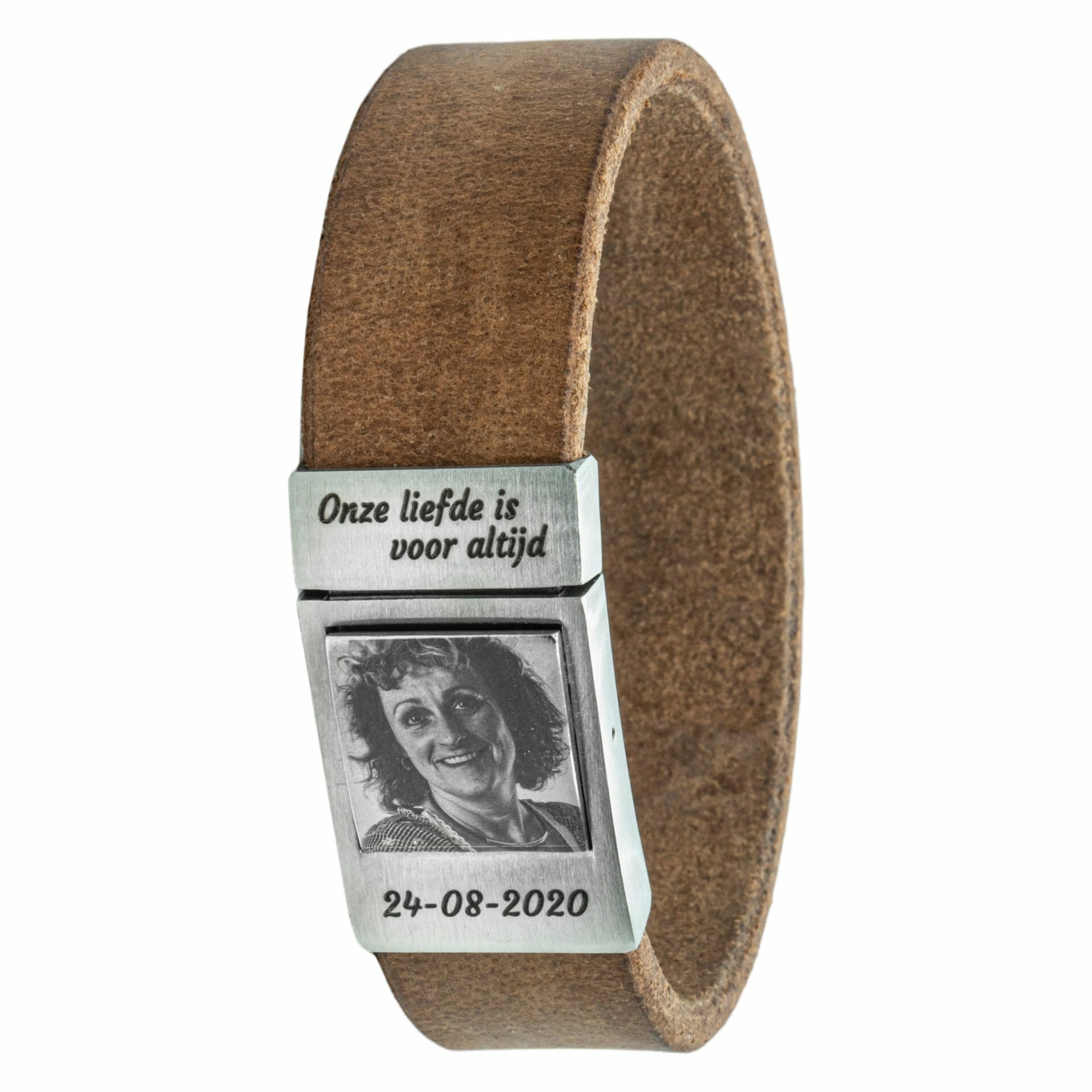 Foto armband met eigen foto Beige leer