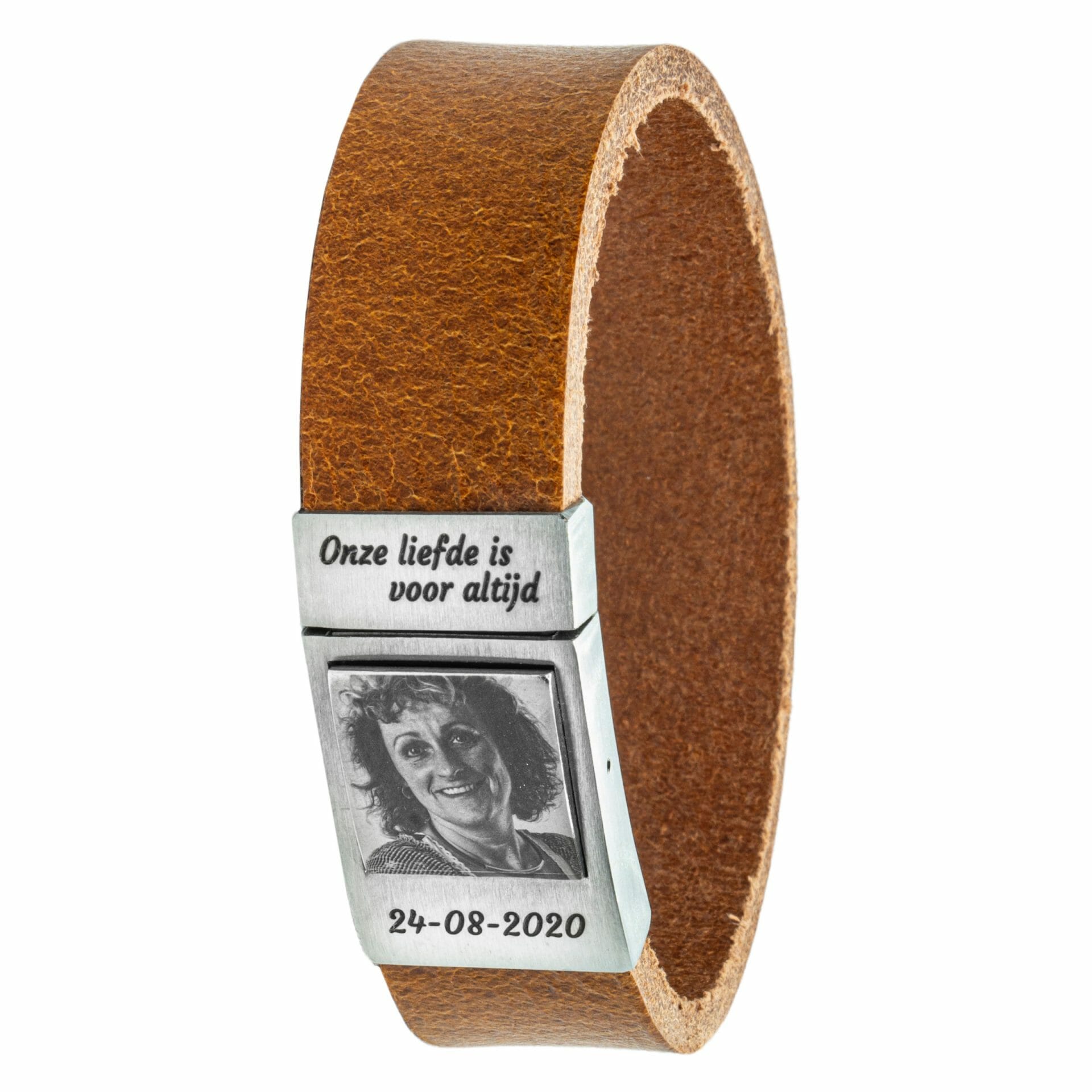 Cognac leren Fotoarmband met eigen foto