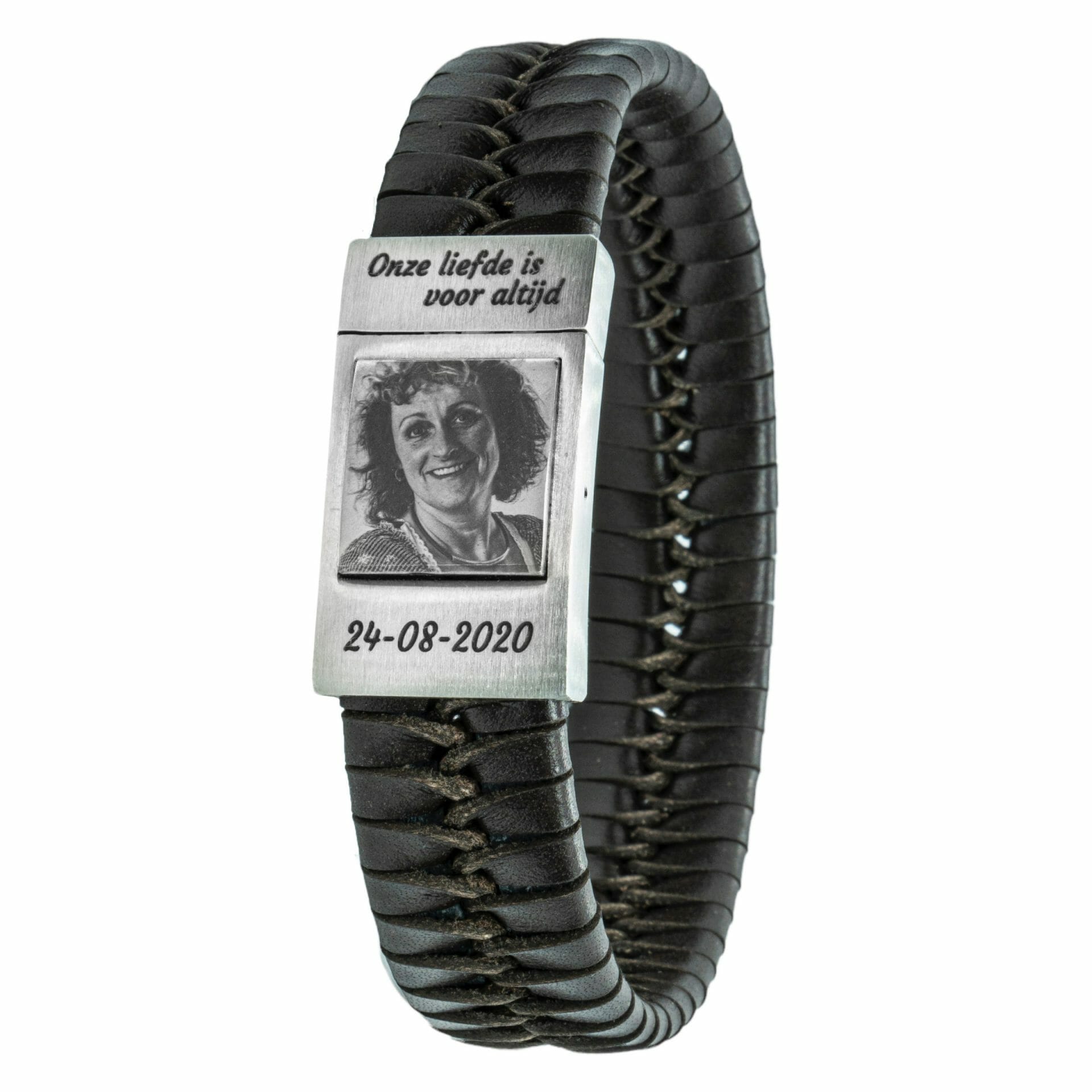 Heren fotoarmband met Gevlochten leer zwart / bruin met eigen foto