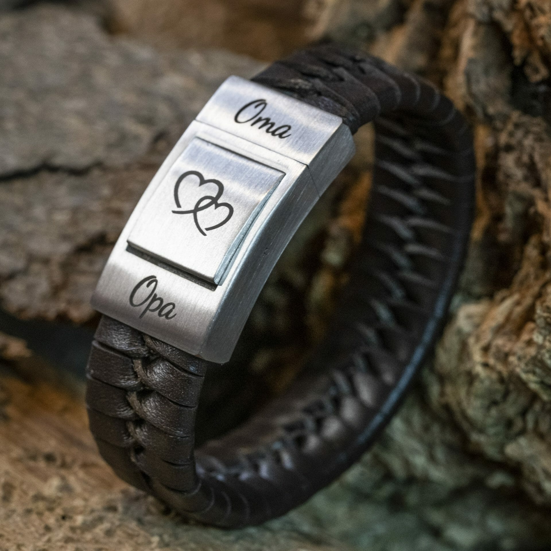 Opa en oma vingerafdruk Gravure Armband Gevlochten leer