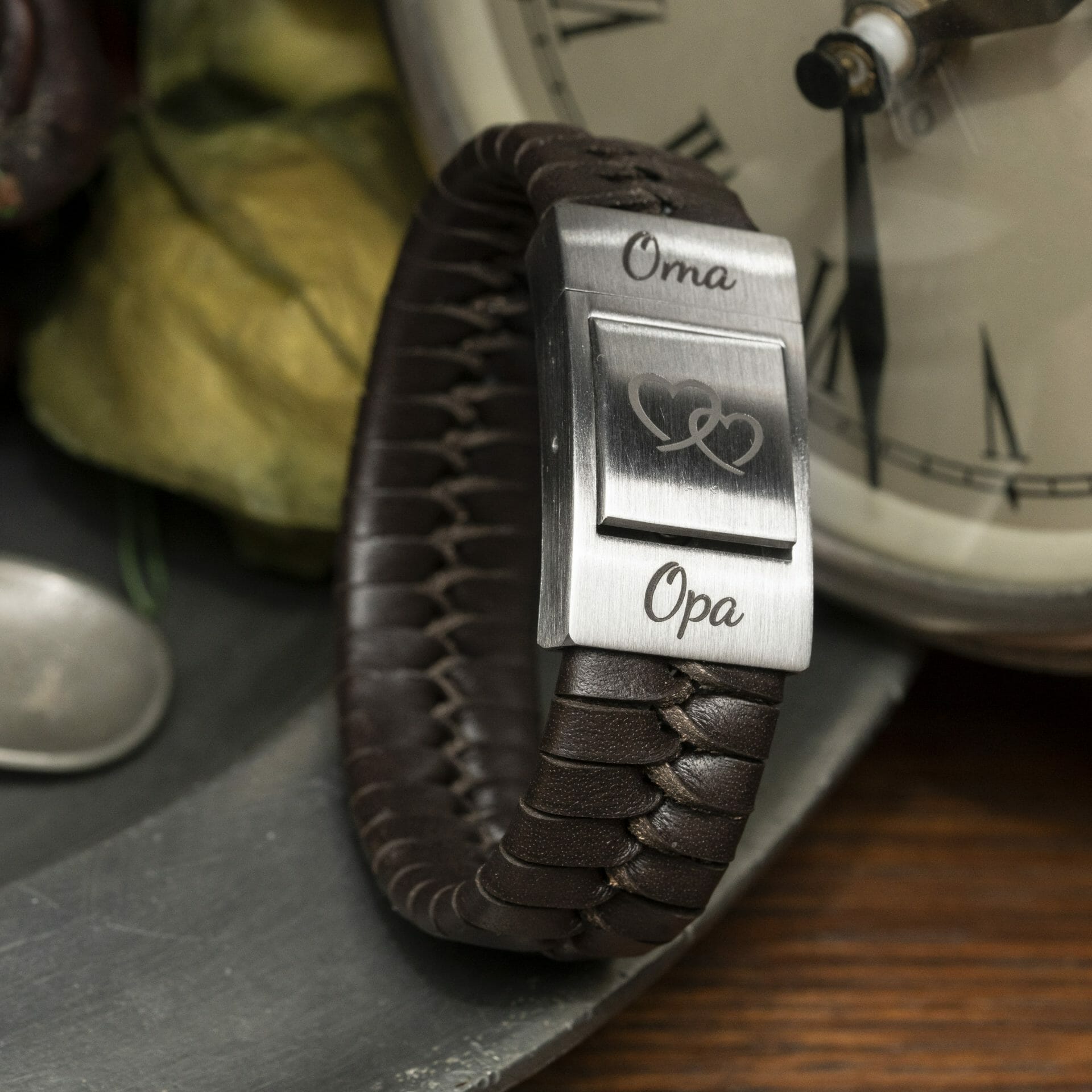 Opa en oma vingerafdruk Gravure Armband Gevlochten leer