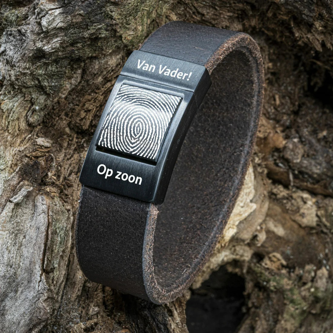 Vingerafdruk armband - Gevlochten leer met Zwarte schakel