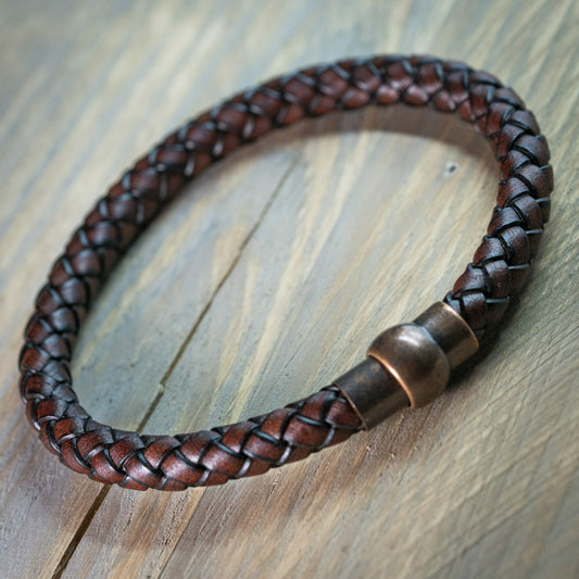 Kobber vikingearmbånd - Vævet brunt læder