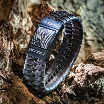Bracelet empreinte digitale - Cuir tressé avec lien noir
