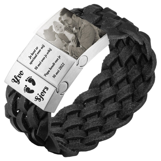 Fotoarmbånd flettet læder i sort eller brunt læder - 3 led - Eget foto på armbånd