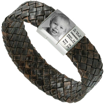 Baby Photo bracelet with your own image - brown Braided leather bracelet with photo engraving