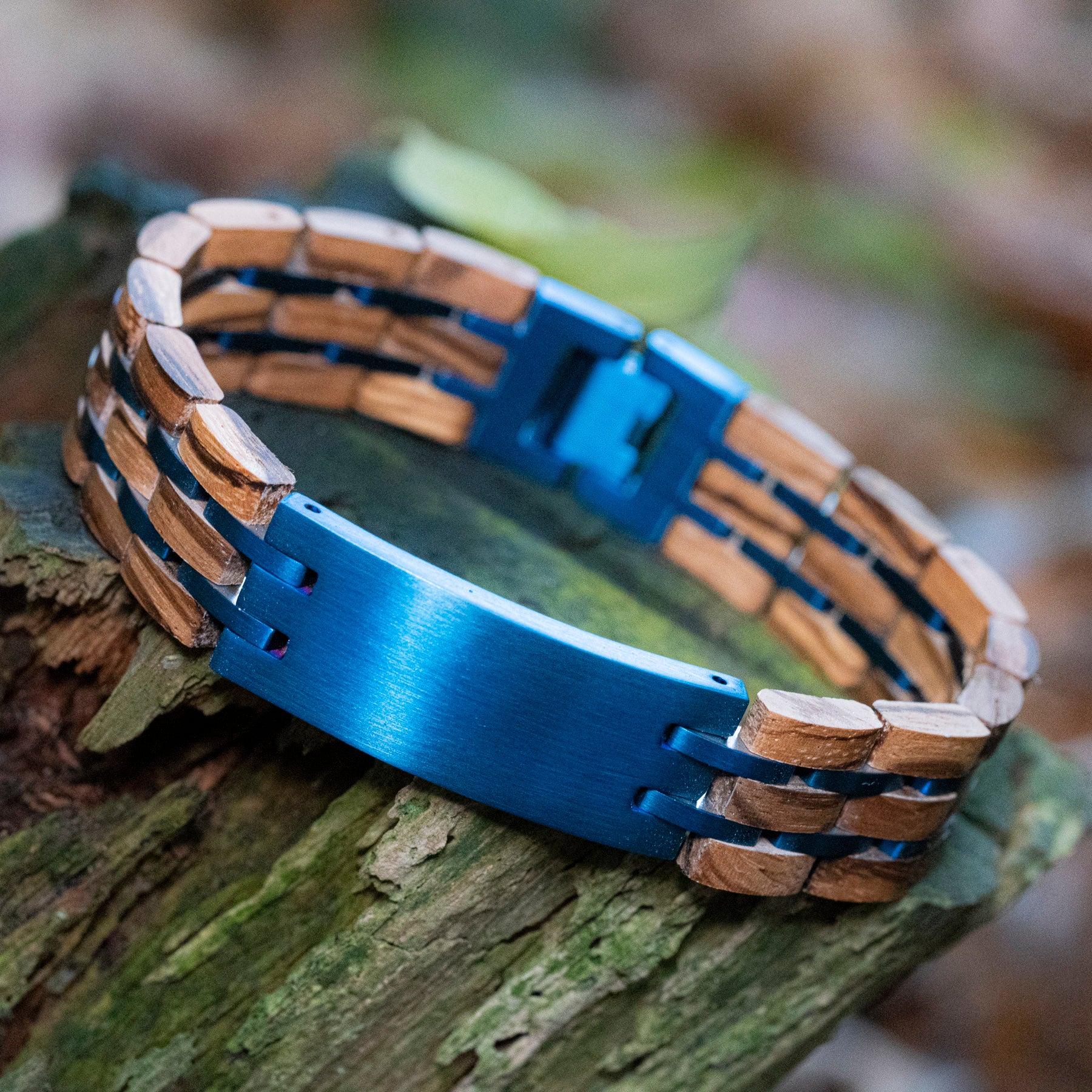 Azure TimberWood – Zebrano & Blauwe RVS Armband
