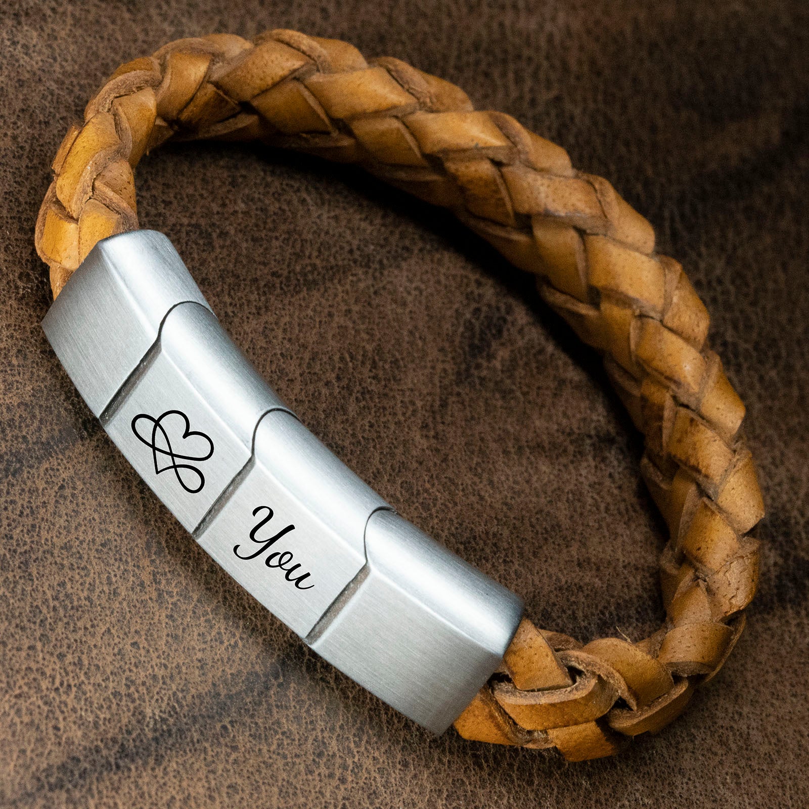 Gevlochten 4 namen armband - licht bruin leer