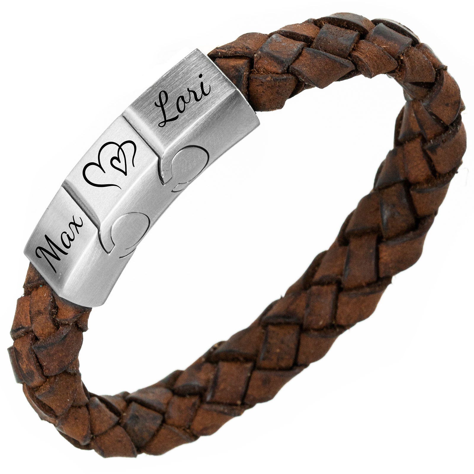 Gevlochten namen armband - bruin leer 3 schakels