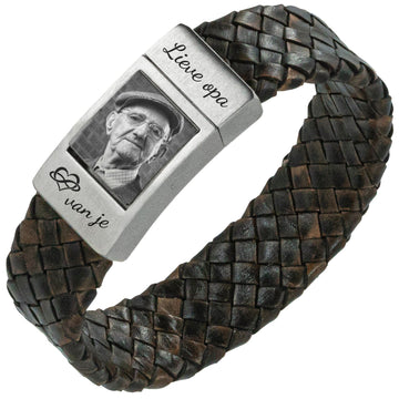 Bracelet photo Homme Cuir marron tressé - Photo personnelle sur bracelet
