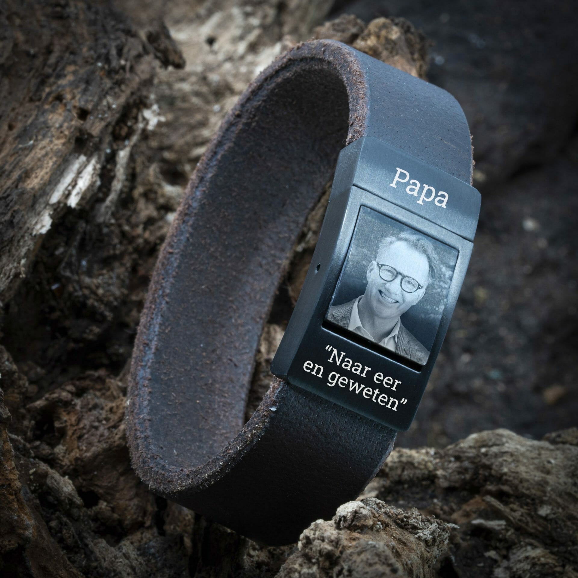 Fotoarmband met eigen Namen en Fotogravure – Beige leren Armband